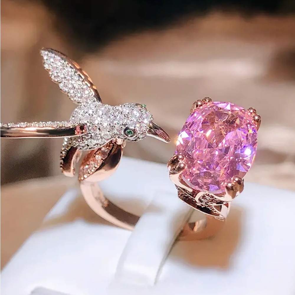 Sterling Silver Plated Pink Zircon And Hummingbird Open Adjustable Ring